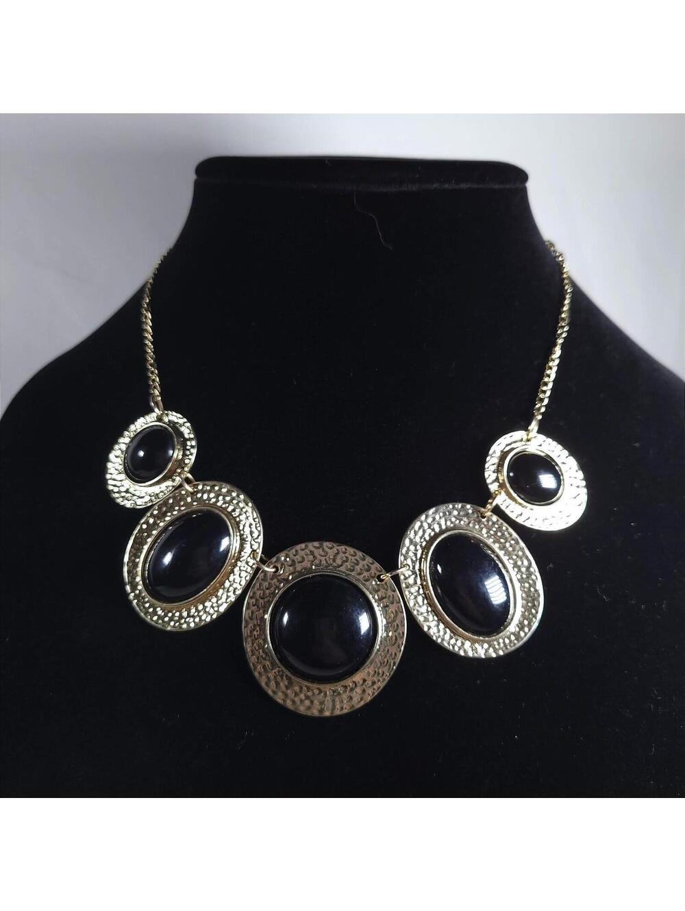 B1G1 - Golden Tone Statement Necklace with Black Oval Cabochon Stones